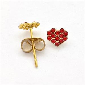 Stainless Steel Heart Stud Earring Pave Red Rhinestone Gold Plated, approx 5-5.5mm