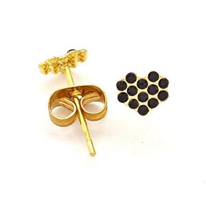Stainless Steel Heart Stud Earring Pave Black Rhinestone Gold Plated, approx 5-5.5mm