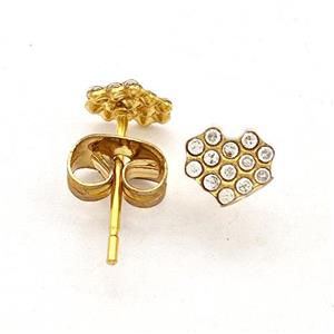 Stainless Steel Heart Stud Earring Pave Rhinestone Gold Plated, approx 5-5.5mm
