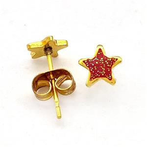 Stainless Steel Star Stud Earring Pave Red Fire Opal Gold Plated, approx 6.5mm