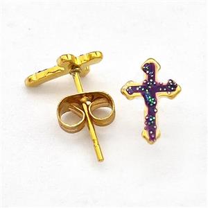 Stainless Steel Cross Stud Earring Pave Fire Opal Gold Plated, approx 6.5-9.5mm