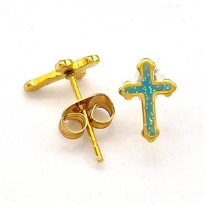 Stainless Steel Cross Stud Earring Pave Fire Opal Gold Plated, approx 6.5-9.5mm