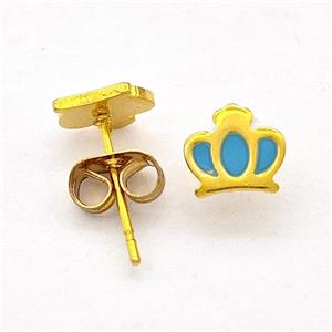 Stainless Steel Crown Stud Earring Teal Enamel Gold Plated, approx 6-7mm