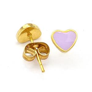 Stainless Steel Heart Stud Earring Lavender Enamel Gold Plated, approx 6mm