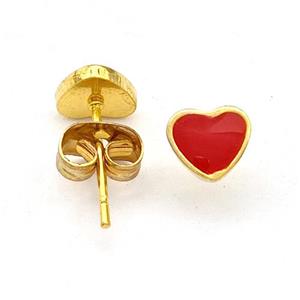 Stainless Steel Heart Stud Earring Red Enamel Gold Plated, approx 6mm