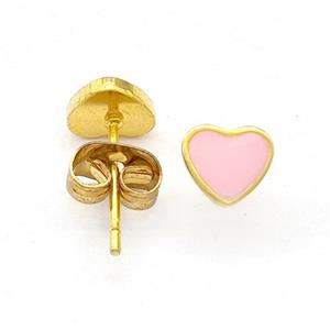 Stainless Steel Heart Stud Earring Pink Enamel Gold Plated, approx 6mm