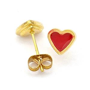 Stainless Steel Heart Stud Earring Red Enamel Gold Plated, approx 8mm
