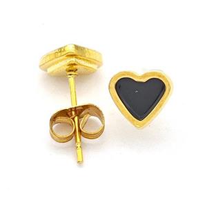 Stainless Steel Heart Stud Earring Black Enamel Gold Plated, approx 8mm
