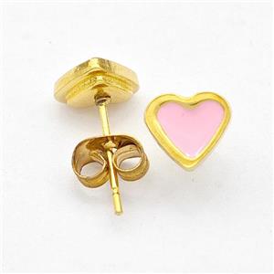 Stainless Steel Heart Stud Earring Pink Enamel Gold Plated, approx 8mm