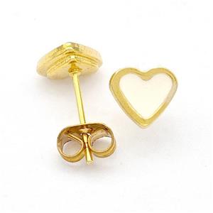 Stainless Steel Heart Stud Earring White Enamel Gold Plated, approx 8mm