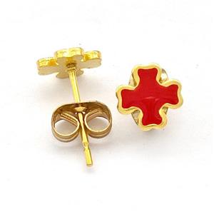 Stainless Steel Cross Stud Earring Red Enamel Gold Plated, approx 7mm