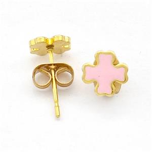 Stainless Steel Cross Stud Earring Pink Enamel Gold Plated, approx 7mm