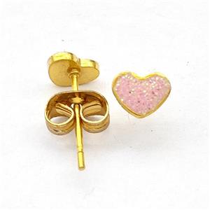 Stainless Steel Heart Stud Earring Pave Pink Fire Opal Gold Plated, approx 6mm