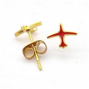 Stainless Steel Airplane Stud Earring Red Enamel Gold Plated, approx 6.5-8mm