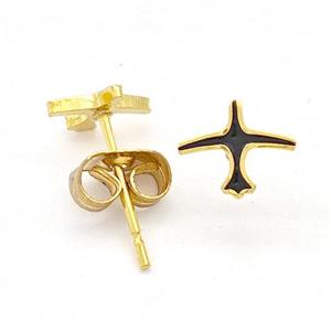 Stainless Steel Airplane Stud Earring Black Enamel Gold Plated, approx 6.5-8mm