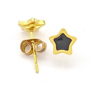Stainless Steel Star Stud Earring Black Enamel Gold Plated, approx 7mm