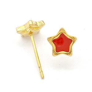 Stainless Steel Star Stud Earring Red Enamel Gold Plated, approx 7mm