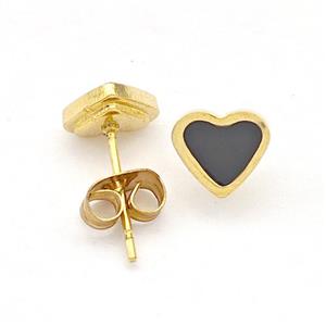 Stainless Steel Heart Stud Earring Black Enamel Gold Plated, approx 7-7.5mm
