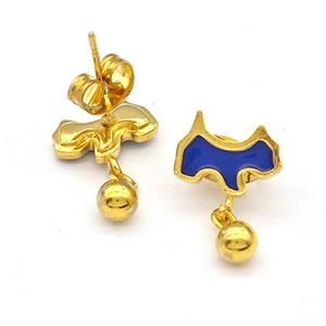 Stainless Steel Dog Stud Earring Blue Enamel Gold Plated, approx 4mm, 7-10mm