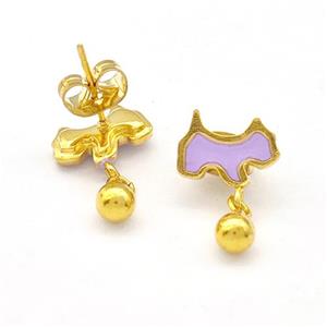 Stainless Steel Dog Stud Earring Lavender Enamel Gold Plated, approx 4mm, 7-10mm