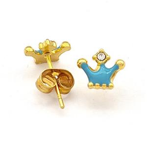 Stainless Steel Crown Stud Earring Teal Enamel Gold Plated, approx 7-8mm