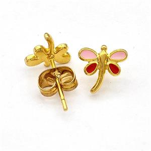 Stainless Steel Dragonfly Stud Earring Enamel Gold Plated, approx 8mm