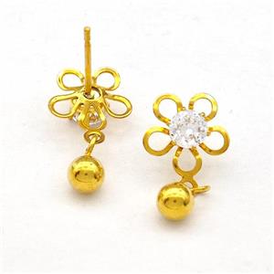 Stainless Steel Flower Stud Earring Rhinestone Gold Plated, approx 4mm, 9mm