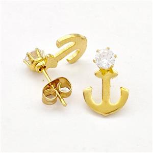 Stainless Steel Anchor Stud Earring Pave Rhinestone Gold Plated, approx 9-13mm