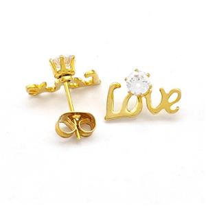 Stainless Steel Love Stud Earring Pave Rhinestone Gold Plated, approx 8-12mm