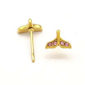 Stainless Steel Stud Earring Pave Pink Rhinestone Shark-tail Gold Plated, approx 5.5-7.5mm