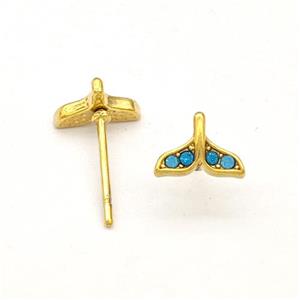 Stainless Steel Stud Earring Pave Blue Rhinestone Shark-tail Gold Plated, approx 5.5-7.5mm