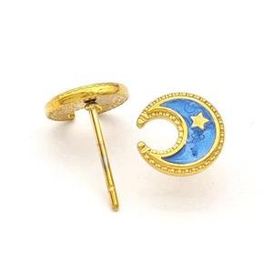 Stainless Steel Moon Star Stud Earring Blue Enamel Gold Plated, approx 8.5mm