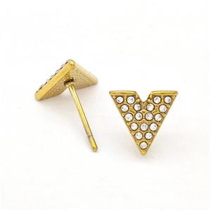Stainless Steel Stud Earring Pave Rhinestone V-Shape Gold Plated, approx 9mm