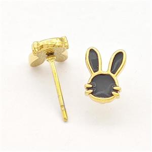 Stainless Steel Rabbit Stud Earring Black Enamel Gold Plated, approx 6-9mm
