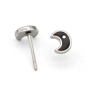 Raw Stainless Steel Moon Stud Earring Black Enamel, approx 5-6.5mm