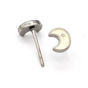 Raw Stainless Steel Moon Stud Earring White Enamel, approx 5-6.5mm