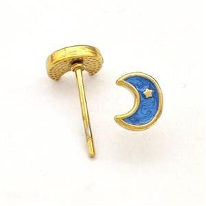 Stainless Steel Moon Stud Earring Blue Enamel Gold Plated, approx 5-6.5mm