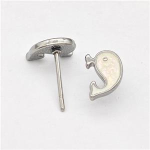 Raw Stainless Steel Dolphin Stud Earring White Enamel, approx 6-8mm