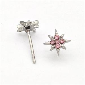 Raw Stainless Steel NorthStar Stud Earring Pave Pink Rhinestone, approx 8mm