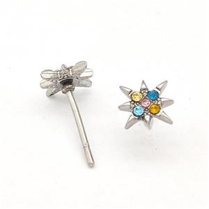 Raw Stainless Steel NorthStar Stud Earring Pave Multicolor Rhinestone, approx 8mm