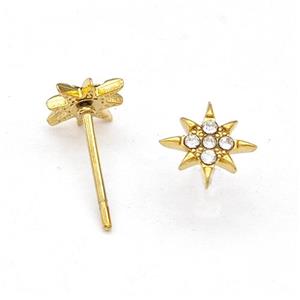 Stainless Steel NorthStar Stud Earring Pave Rhinestone Gold Plated, approx 8mm