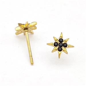 Stainless Steel NorthStar Stud Earring Pave Black Rhinestone Gold Plated, approx 8mm