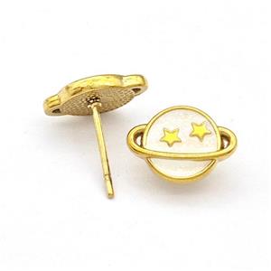 Stainless Steel Planet Stud Earring White Enamel Gold Plated, approx 8-11.5mm