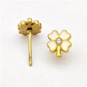 Stainless Steel Clover Stud Earring White Enamel Gold Plated, approx 7-8mm
