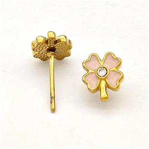Stainless Steel Clover Stud Earring Pink Enamel Gold Plated, approx 7-8mm