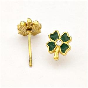 Stainless Steel Clover Stud Earring Black Enamel Gold Plated, approx 7-8mm