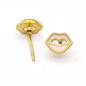 Stainless Steel Lip Stud Earring Pink Enamel Gold Plated, approx 7-8mm