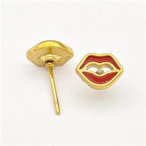 Stainless Steel Lip Stud Earring Red Enamel Gold Plated, approx 7-8mm