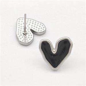 Raw Stainless Steel Heart Stud Earring Black Enamel, approx 12-13mm