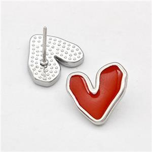 Raw Stainless Steel Heart Stud Earring Red Enamel, approx 12-13mm